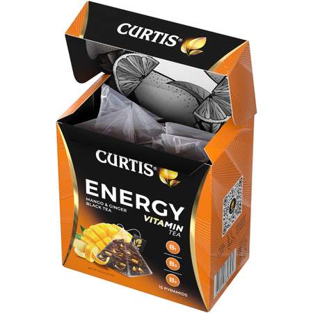 Чай черный Curtis Energy 15 пирамидок с ароматом манго кусочками имбиря и витаминами В1 В3 В5