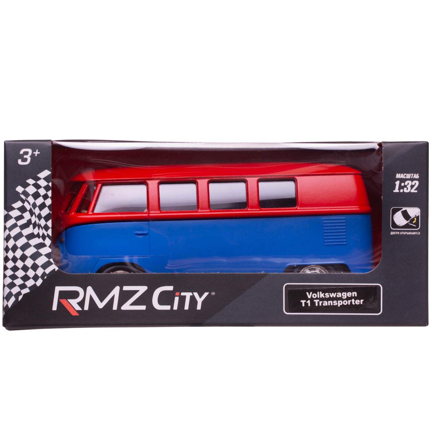 Машина металлическая RMZ City 1:32 Автобус инерционный Volkswagen Type 2 (T1) Transporter, цвет матовый красный с синим, 16,5*7,5*7 см