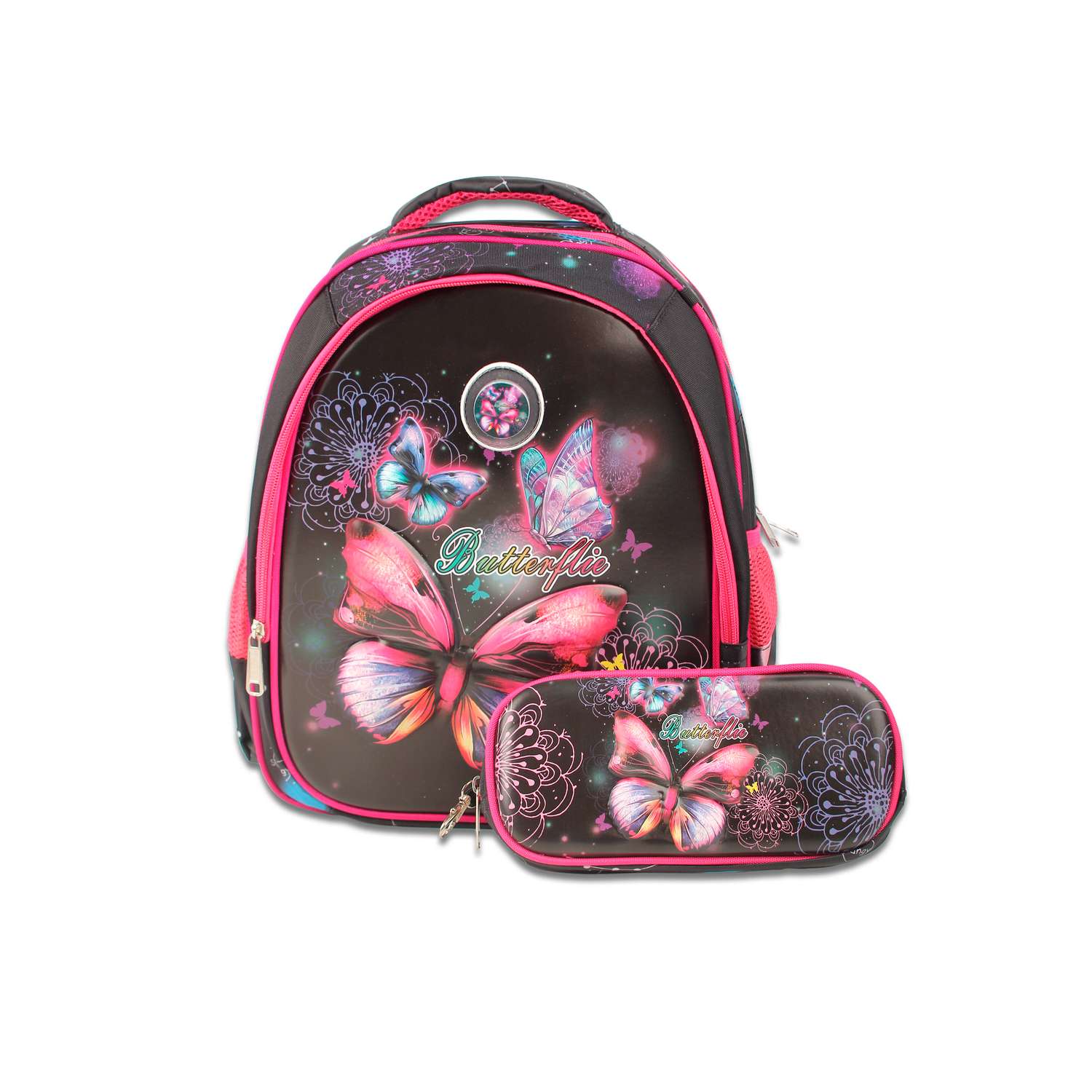 Рюкзак школьный с пеналом Little Mania Бабочки черный - фото 1