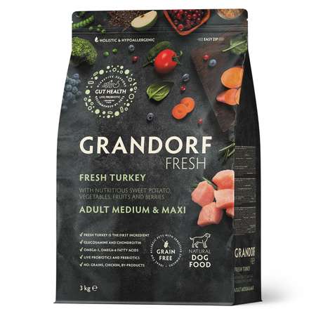 Корм для собак GRANDORF FRESH Fresh Dog Adult Med/Maxi Turkey/Sweet Potato сред и круп пород Свежее мясо индейки 3кг беззер с жив проб