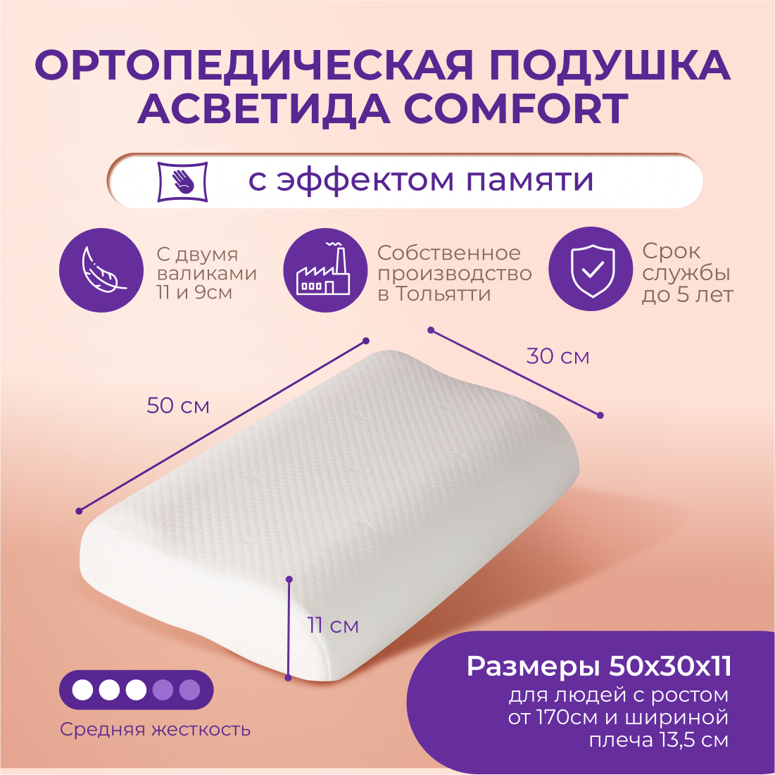 Ортопедическая подушка Asvetida Comfort Plus 30*50 c эффектом памяти Memory Foam - фото 1