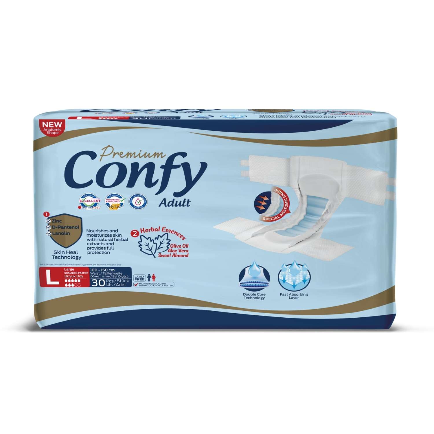 Подгузники для взрослых CONFY Adult Premium L30 размер L талия 100-150 см 30 шт - фото 1