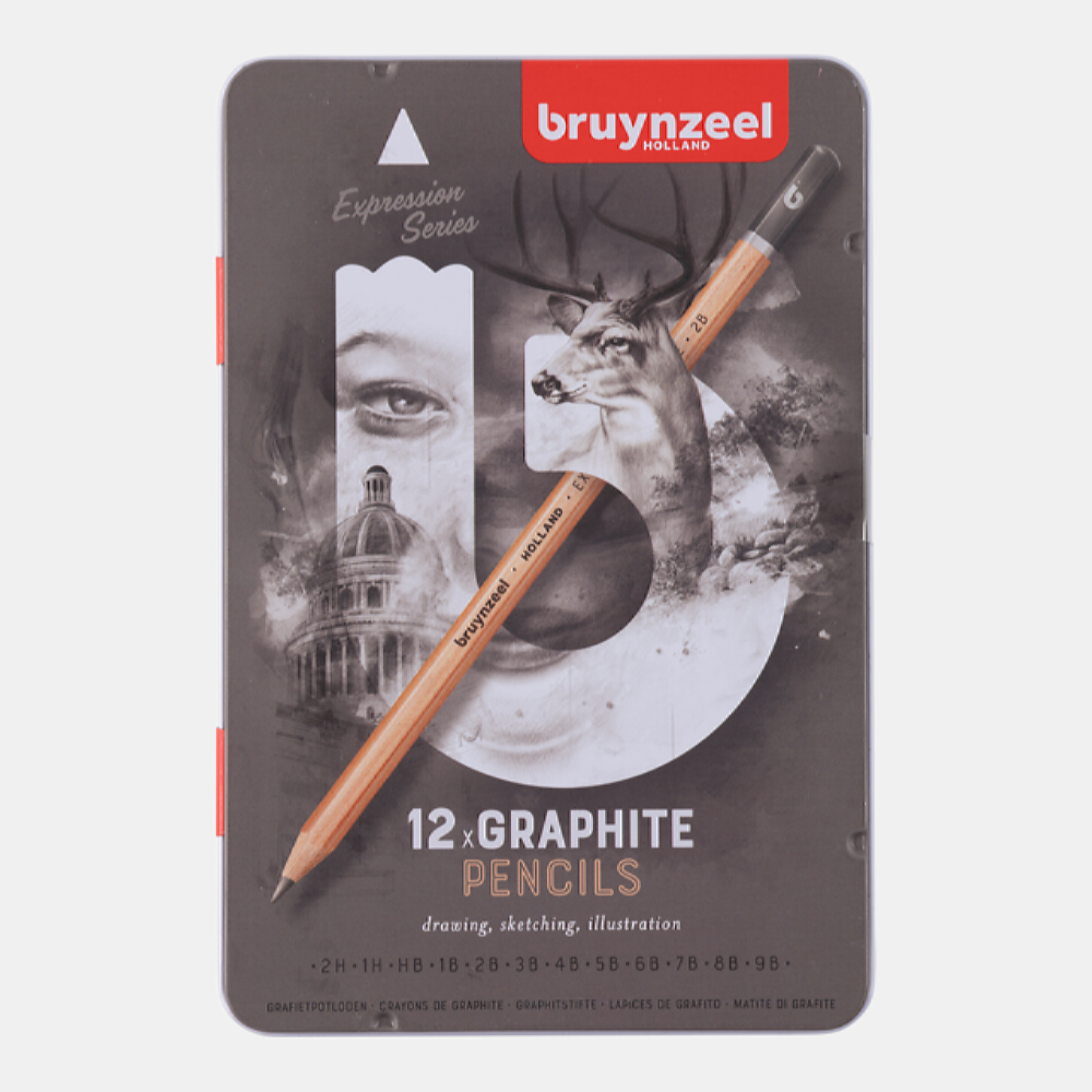 Набор карандашей для графики BRUYNZEEL Expression Graphite 12 типов жесткости в металлическом коробе-пенале - фото 1