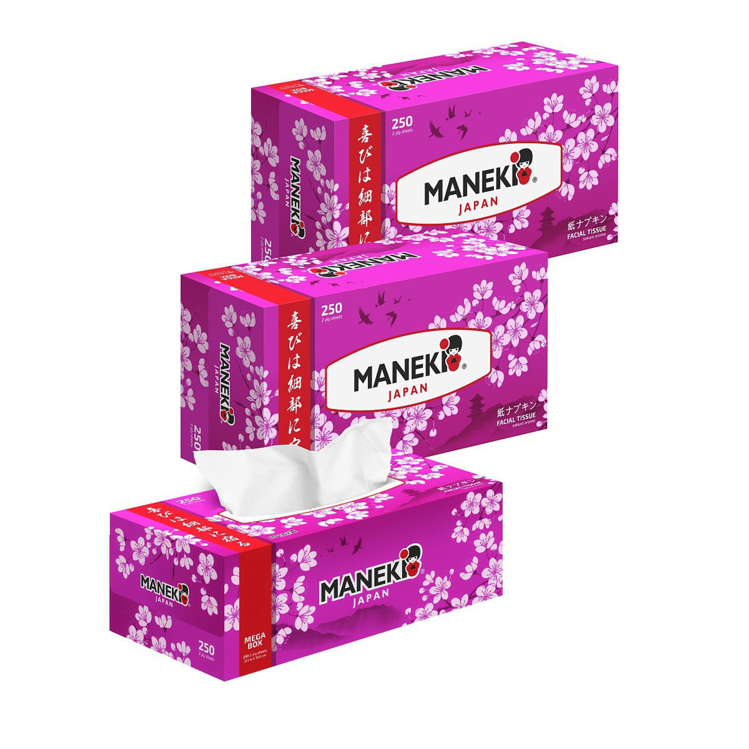 Салфетки бумажные Maneki Sakura с ароматом сакуры 2 слоя белые 250 шт 3 упаковки - фото 1