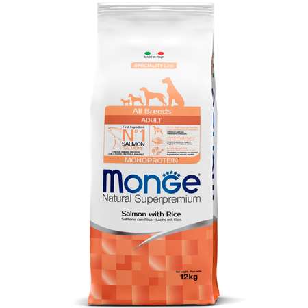 Корм для собак Monge 12кг Dog Speciality Line Monoprotein взрослых всех пород из лосося с рисом