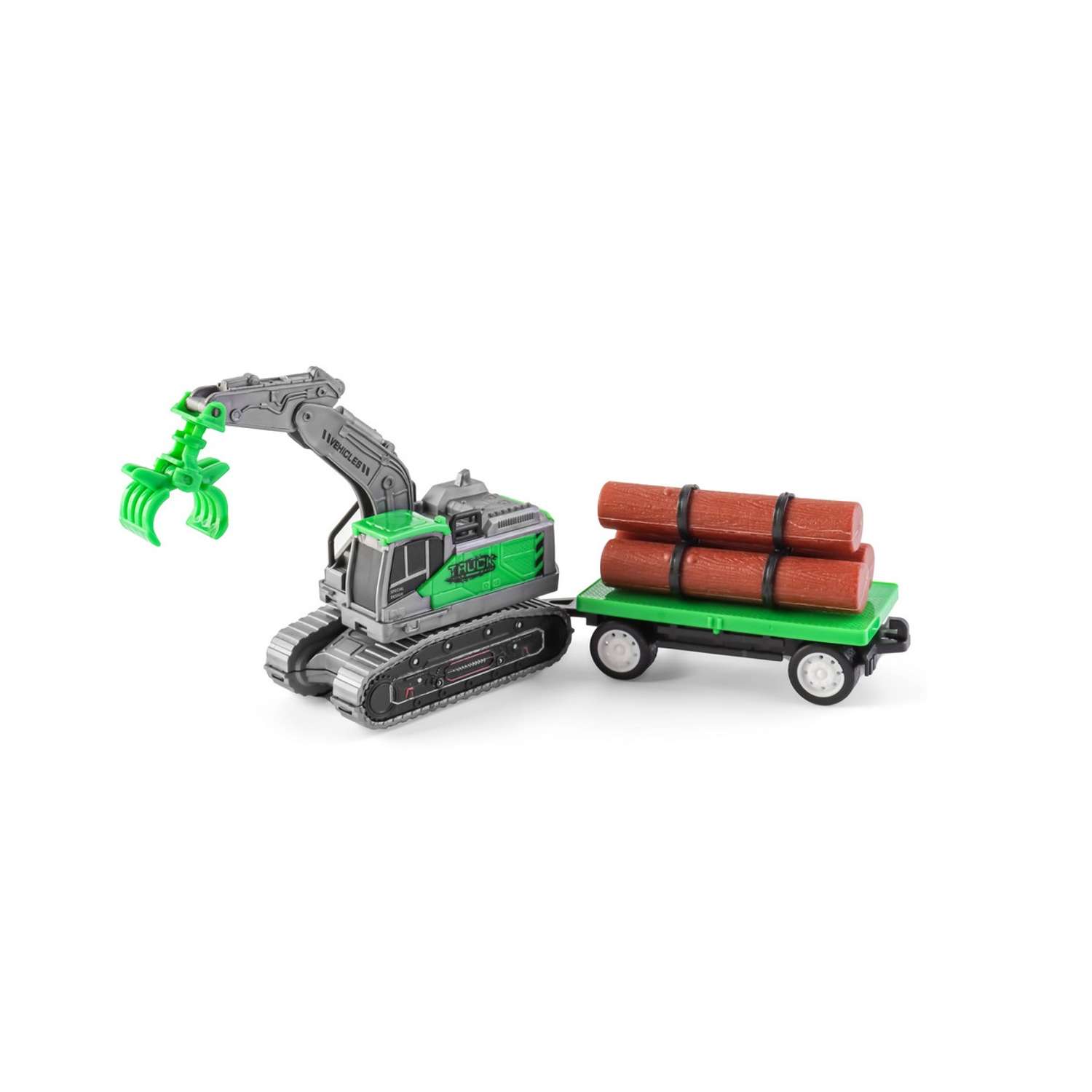 Инерционная игрушка Handers Гусеничный экскаватор с щипцами и прицепом: Лесовоз 22 см зелёный HAC1608-179 - фото 1