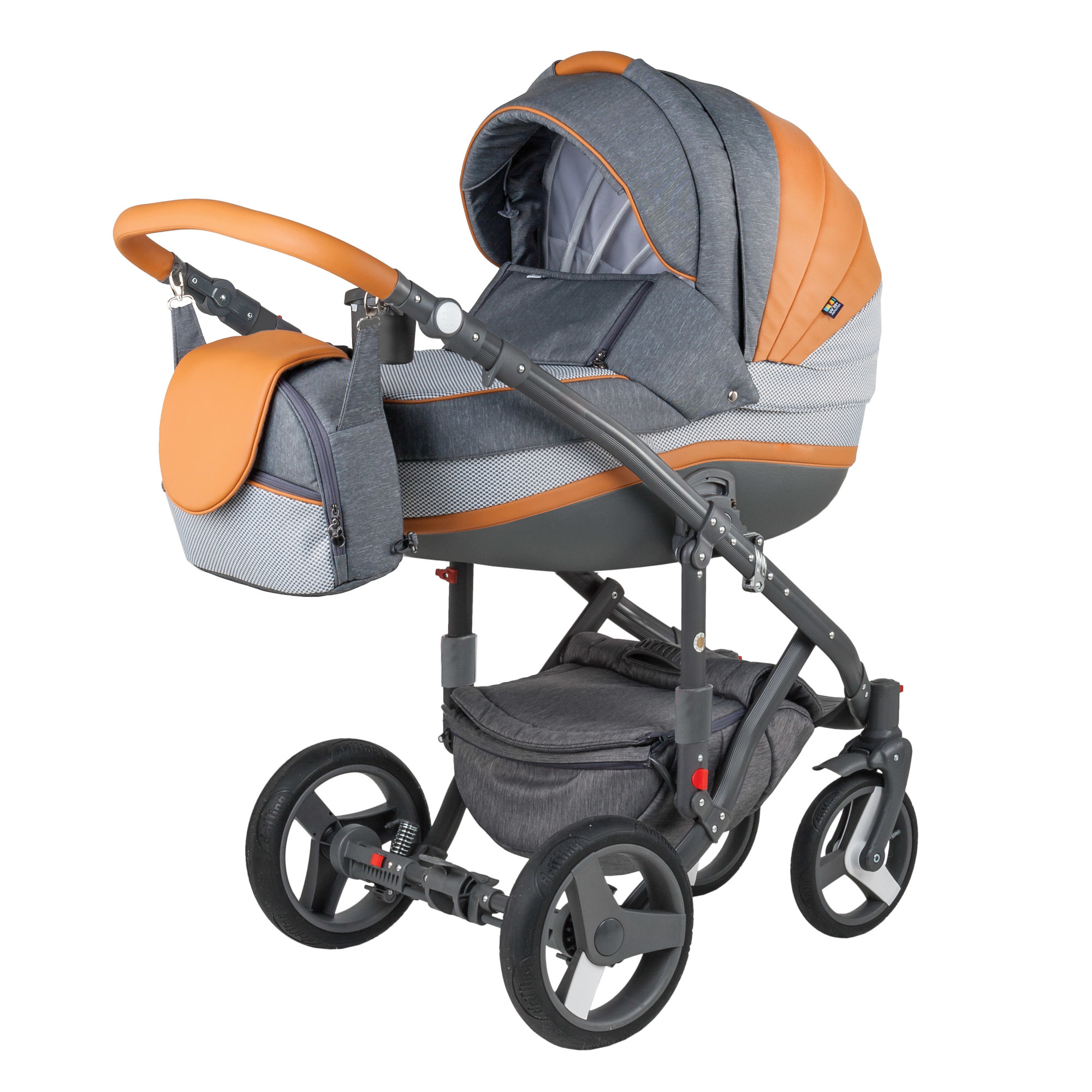 Коляска 3в1 BeBe-mobile Movo C and G A21 Серый+Серый в белый квадратик+Карамельная кожа - фото 1