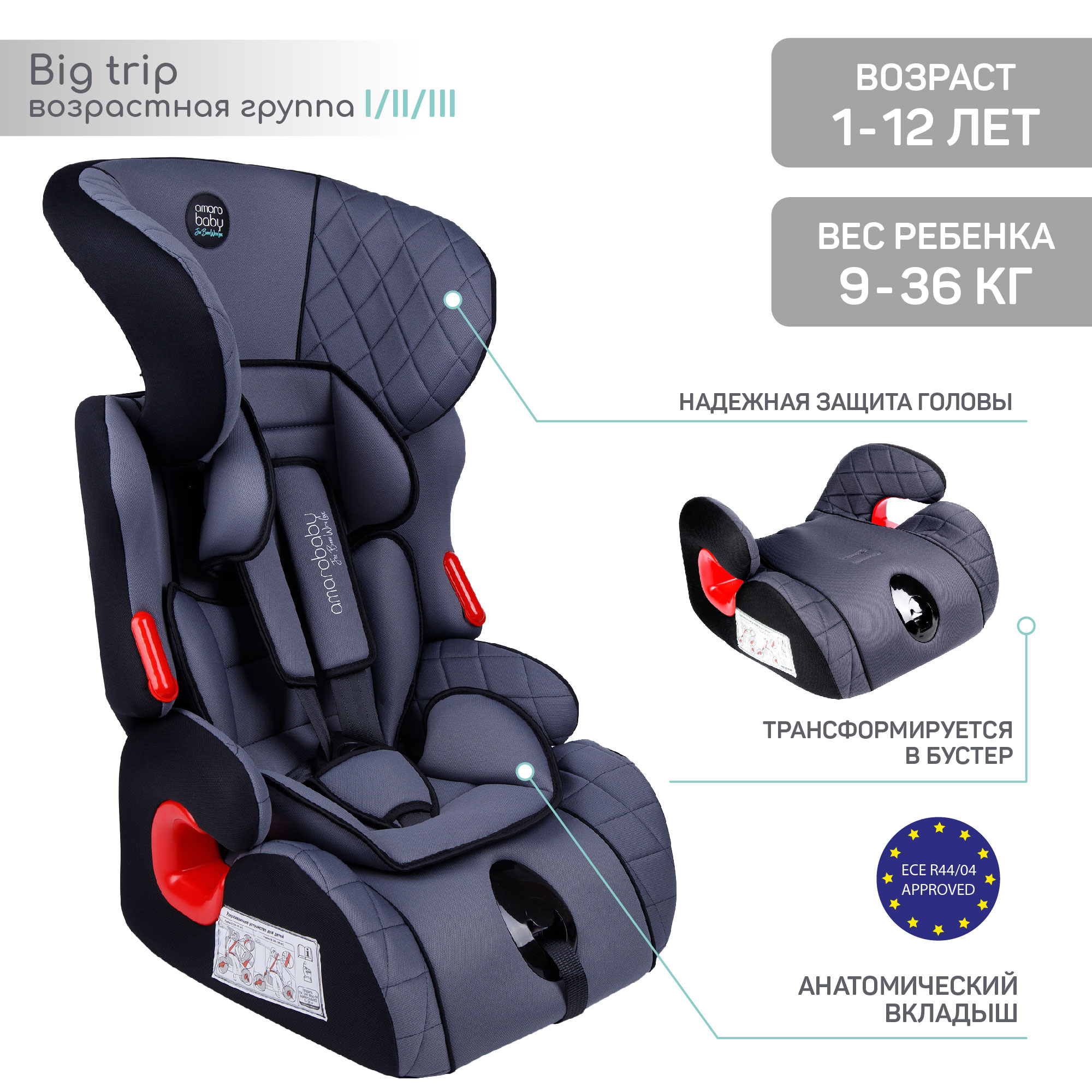 Автокресло детское AmaroBaby Big trip группа I II III серый чёрный - фото 3