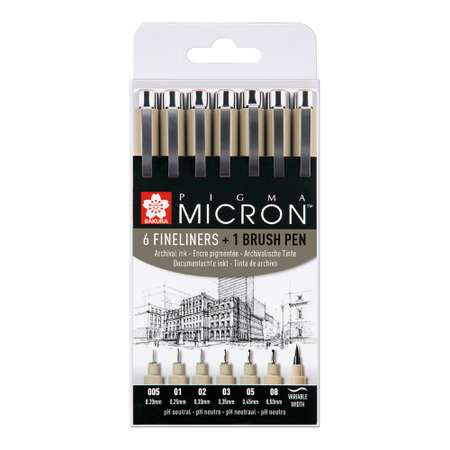 Набор капиллярных ручек Sakura Pigma Micron 7 штук (0.2мм 0.25мм 0.3мм 0.35мм 0.45мм 0.5мм+ brush). цвет чернил: черный