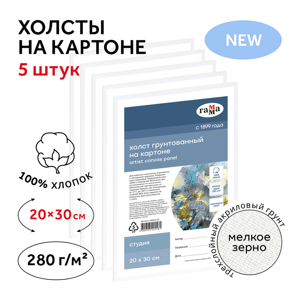 Набор холстов на картоне Гамма Студия 5 шт 20х30 см 100% хлопок 280 г/м2 мелкое зерно - фото 3