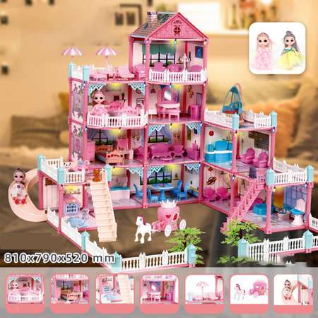 Кукольный домик конструктор SHARKTOYS для девочек с мебелью светом куклами 4 этажа 11 комнат