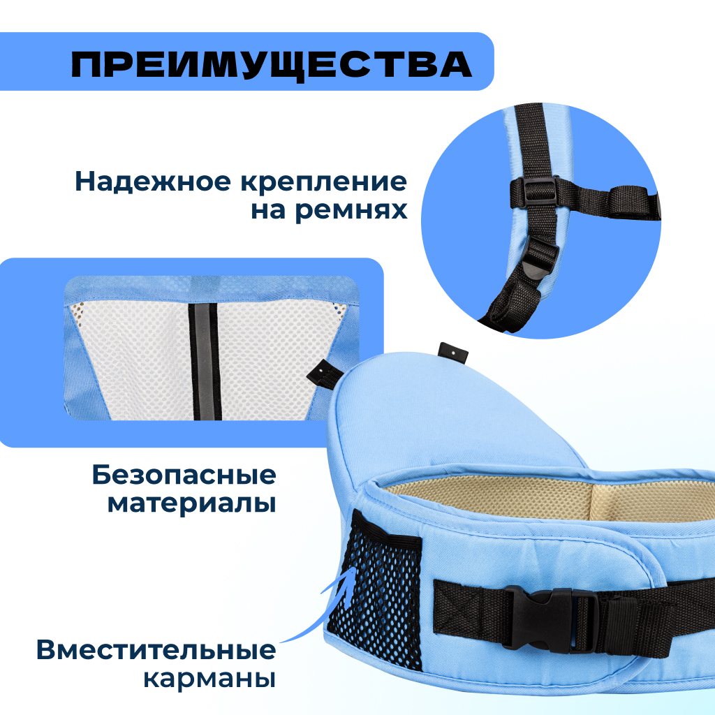 Хипсит 3 в 1 Solmax эргорюкзак-слинг и кенгуру переноска для новорожденных голубой - фото 2