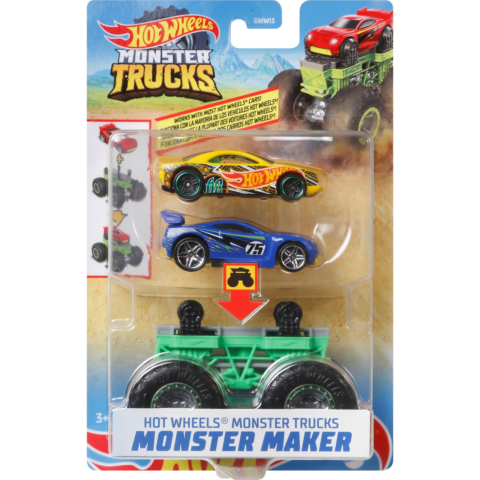 Набор Hot Wheels Monster Trucks Монстр-мейкер с 2 машинками и шасси Зеленый  HGL91 купить по цене 199 ₽ в интернет-магазине Детский мир