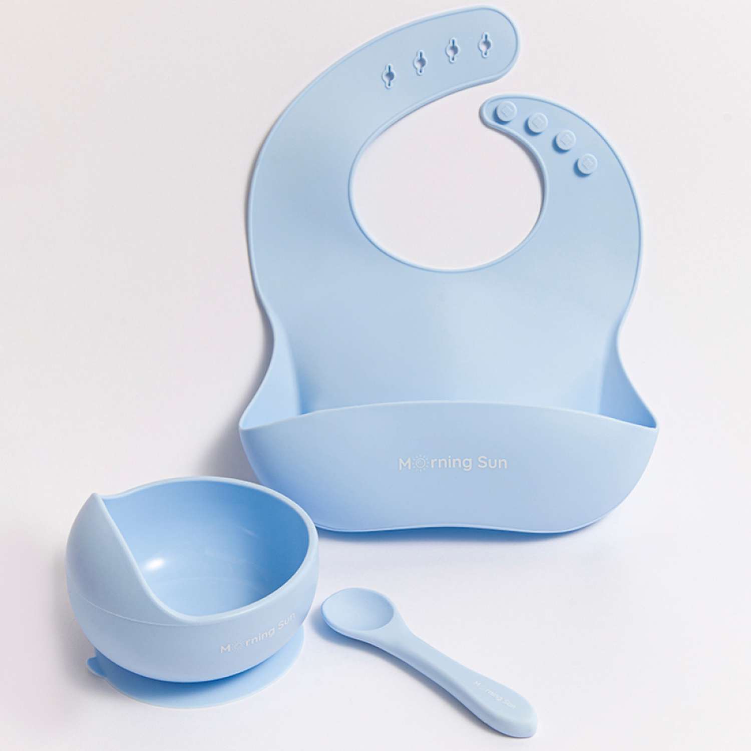 Набор для кормления Morning Sun силиконовый нагрудник тарелка и ложечка детская голубой - фото 1