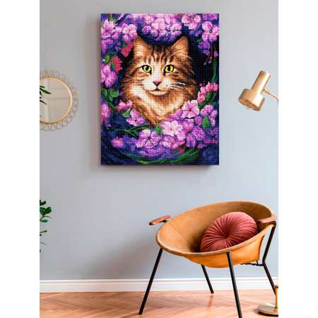 Алмазная мозаика Art on Canvas холст на деревянном подрамнике 40х50 см Котик в цветах