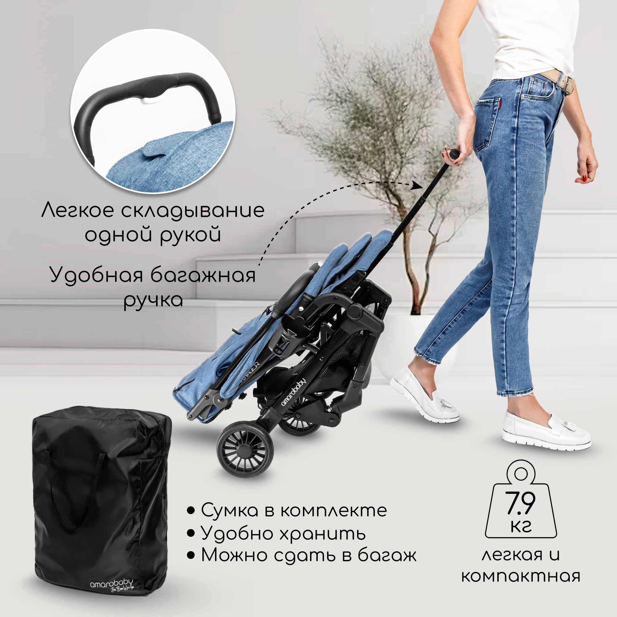 Прогулочная коляска AmaroBaby Voyager синий - фото 8