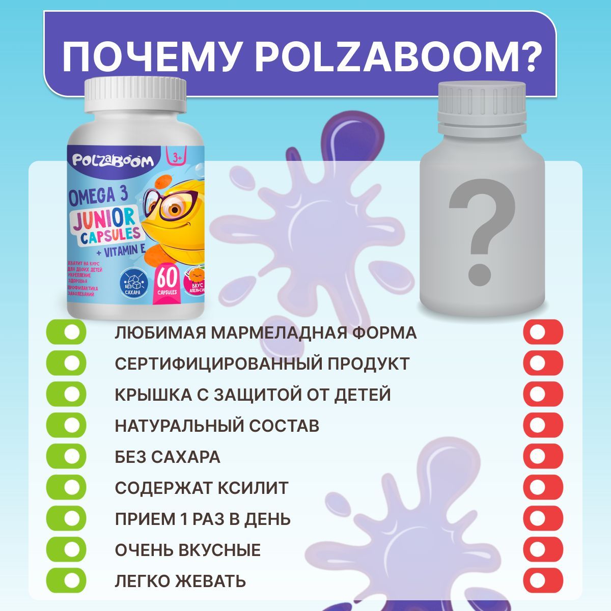 Омега 3 для детей POLZABOOM 60 капсул купить по цене 600 ₽ в  интернет-магазине Детский мир