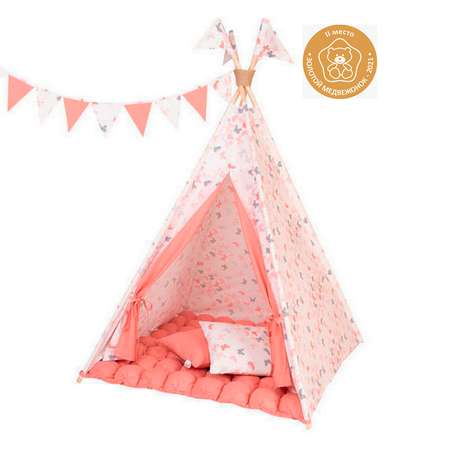 Детская игровая палатка вигвам Buklya Бабочки с ковриком бон-бон цв. коралловый