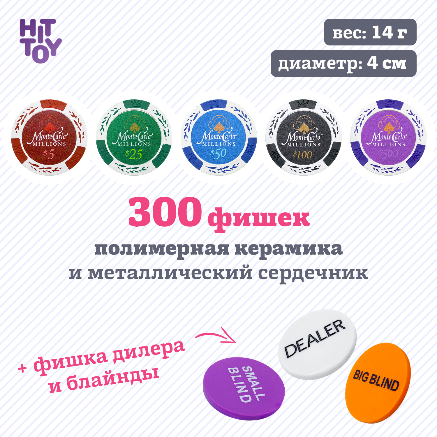 Покерный набор HitToy Monte Carlo 300 фишек с номиналом в чемодане купить  по цене 10345 ₽ в интернет-магазине Детский мир