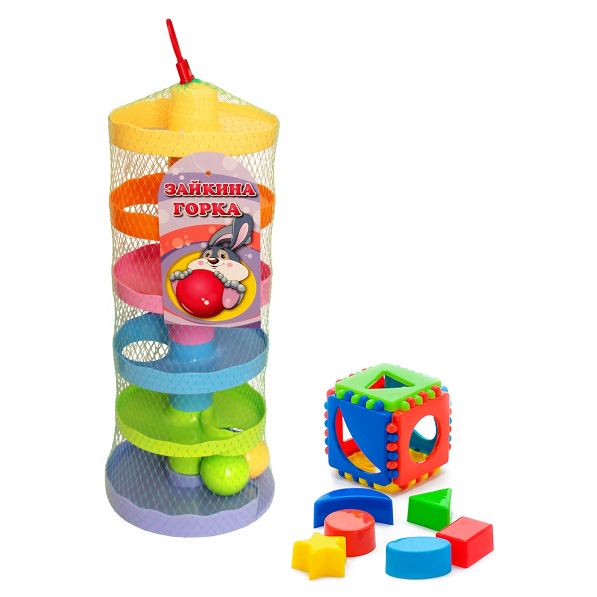 Развивающие игрушки БИПЛАНТ для малышей Набор Зайкина горка №2 + Сортер кубик логический малый - фото 1