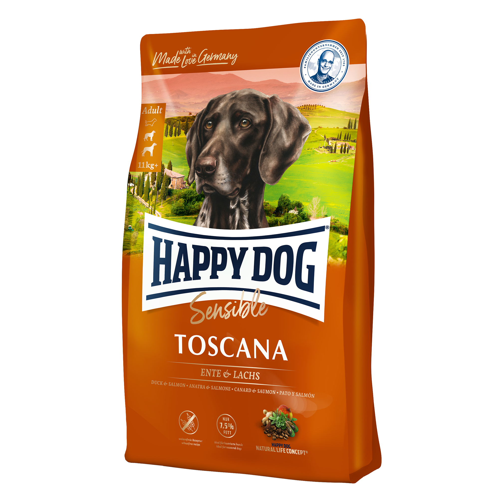 Сухой корм для собак Happy Dog 12.5 кг утка, лосось (при чувствительном пищеварении, для стерилизованных и кастрированных, полнорационный) - фото 1