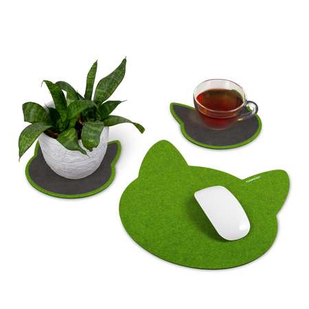 Настольный коврик Flexpocket для мыши в виде кошки + комплект с подставкой под кружку зеленый