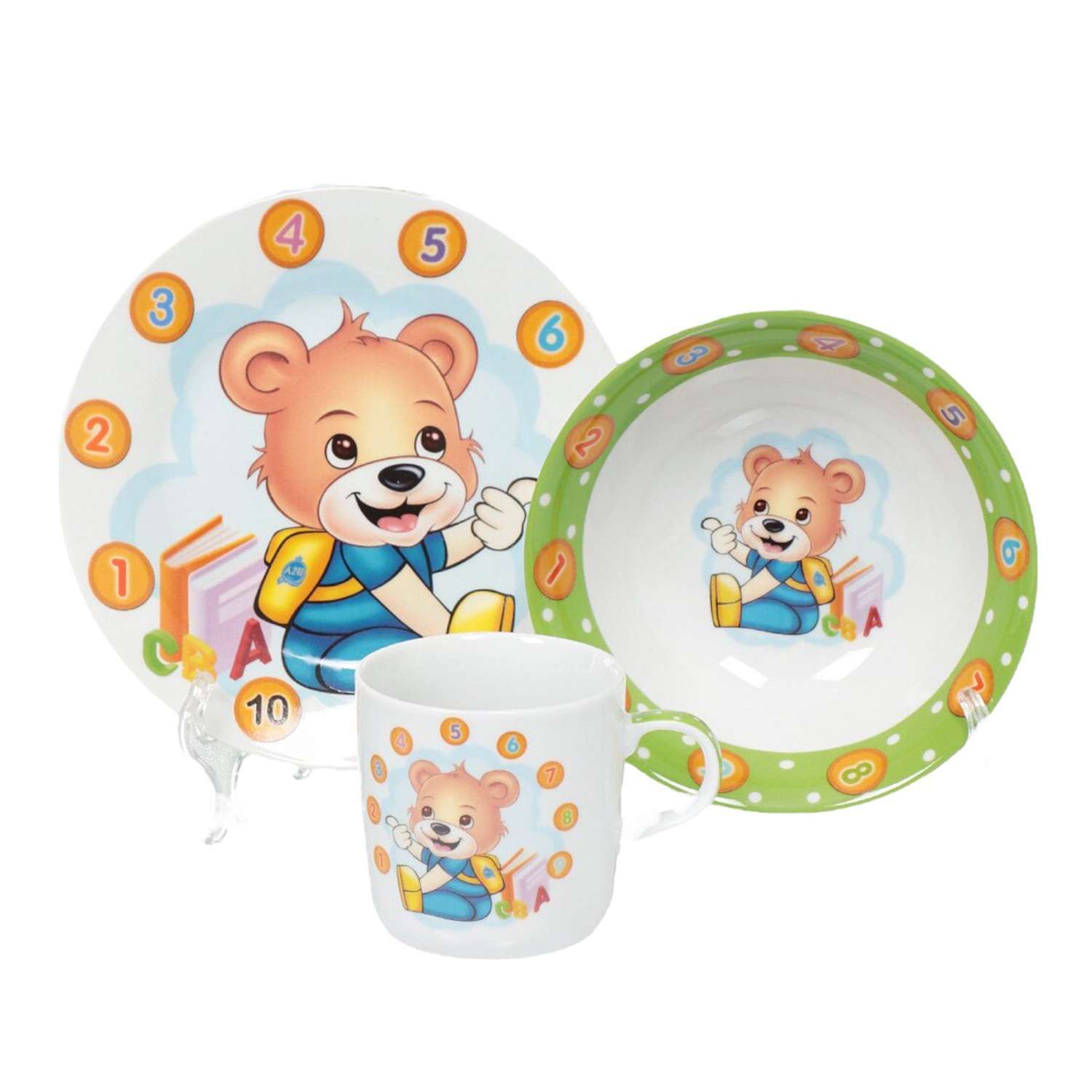 Набор детской посуды Daniks декорированный Веселый мишка 3 предмета керамика подходит для СВЧ и ПММ - фото 1