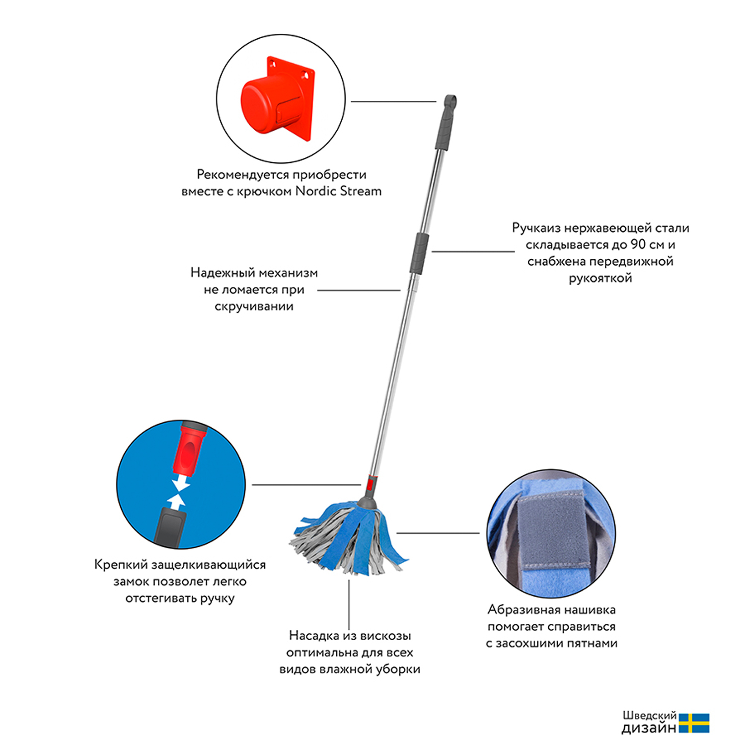 Швабра Nordic Stream для мытья пола с телескопической ручкой 160 см и насадкой - фото 11