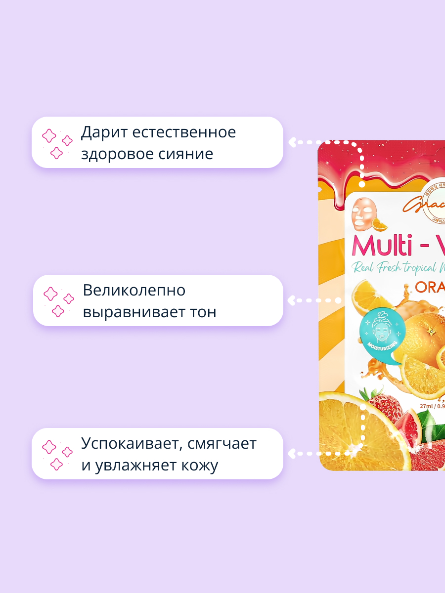 Маска тканевая Grace day Multi-vitamin с экстрактом апельсина для сияния кожи 27 мл - фото 3