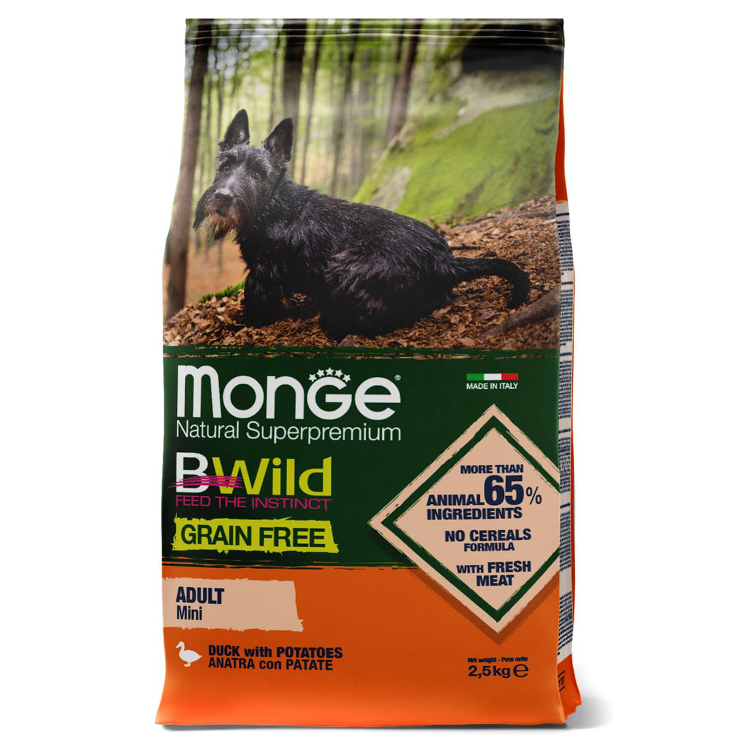 Корм для собак MONGE BWild Grain free Mini мелких пород из мяса утки с картофелем 2.5кг - фото 1