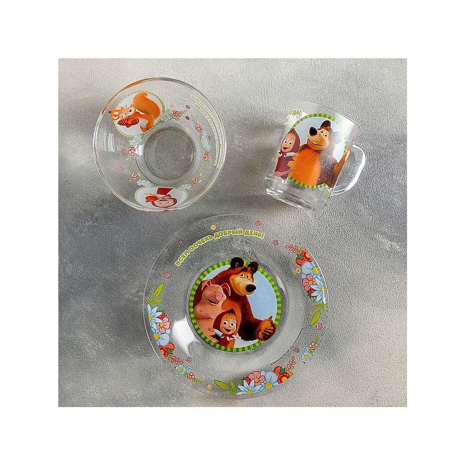 Набор детской посуды Маша и медведь из стекла - фото 2