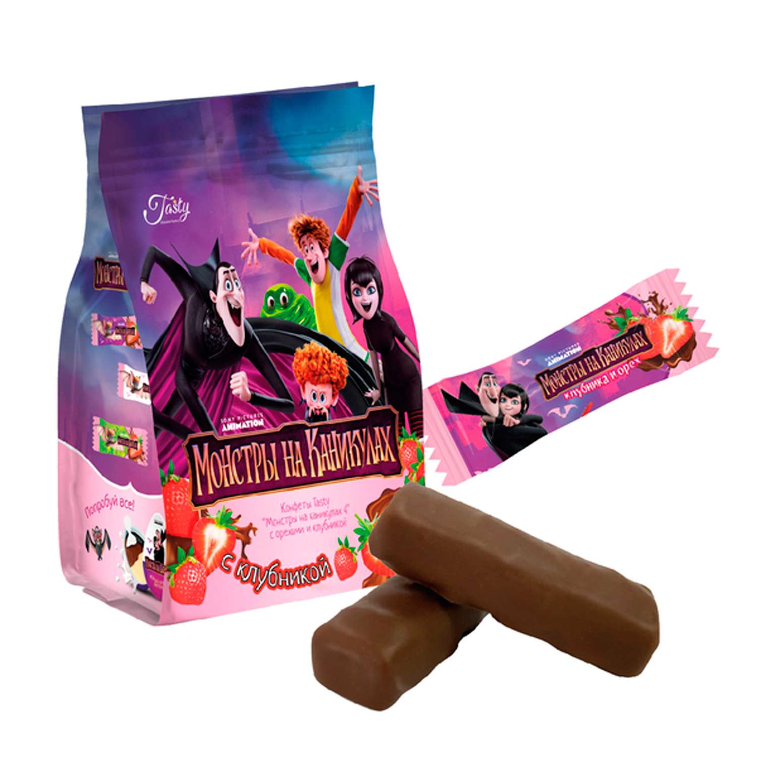 Шоколадные конфеты Tasty Kingdom Монстры на каникулах с орехами и клубникой в молочной шоколадной глазури упаковка 150 г - фото 1