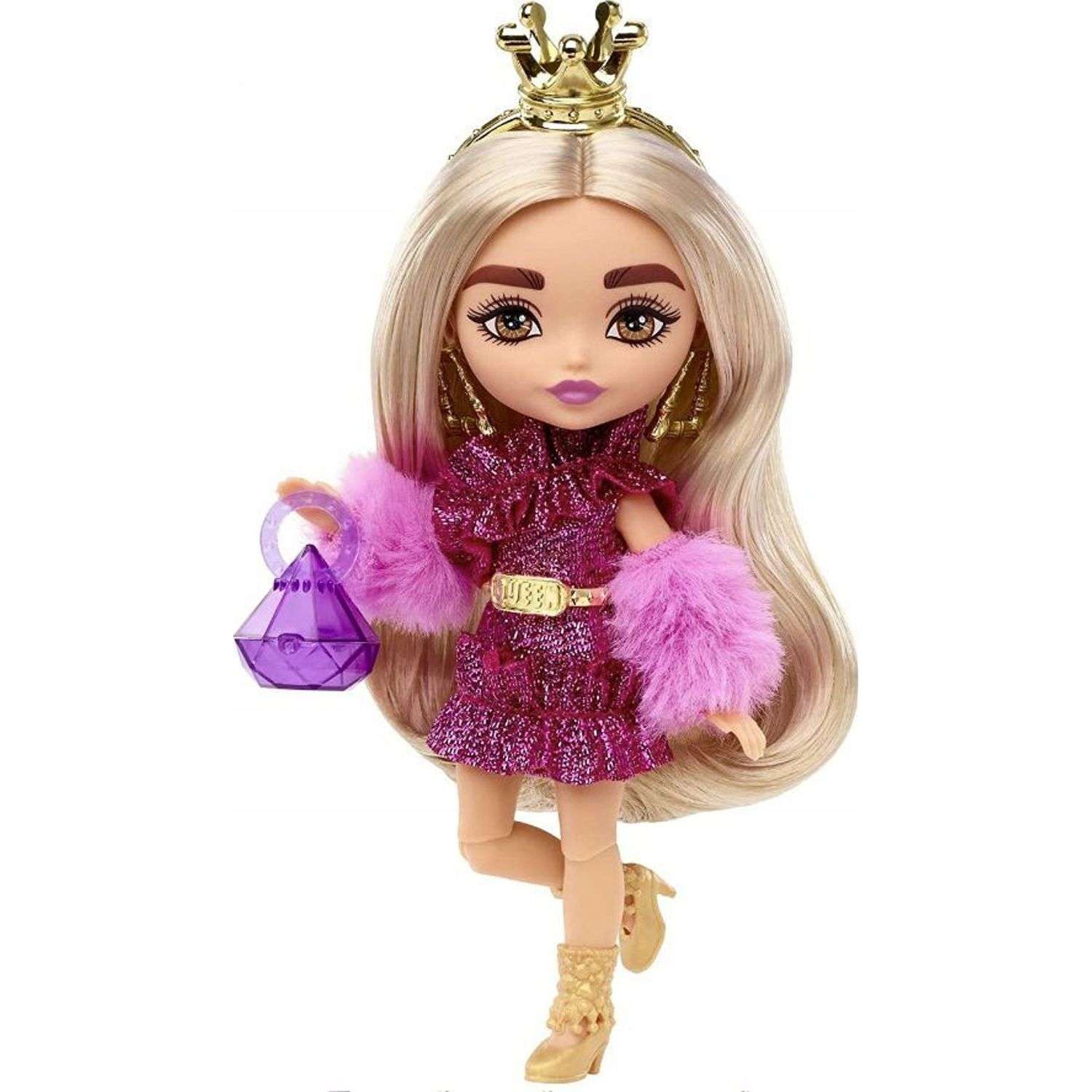 Набор игровой Кукла Barbie Extra Minis 8 Модница в мерцающем платье с меховой накидкой HJK67 HJK67 - фото 1