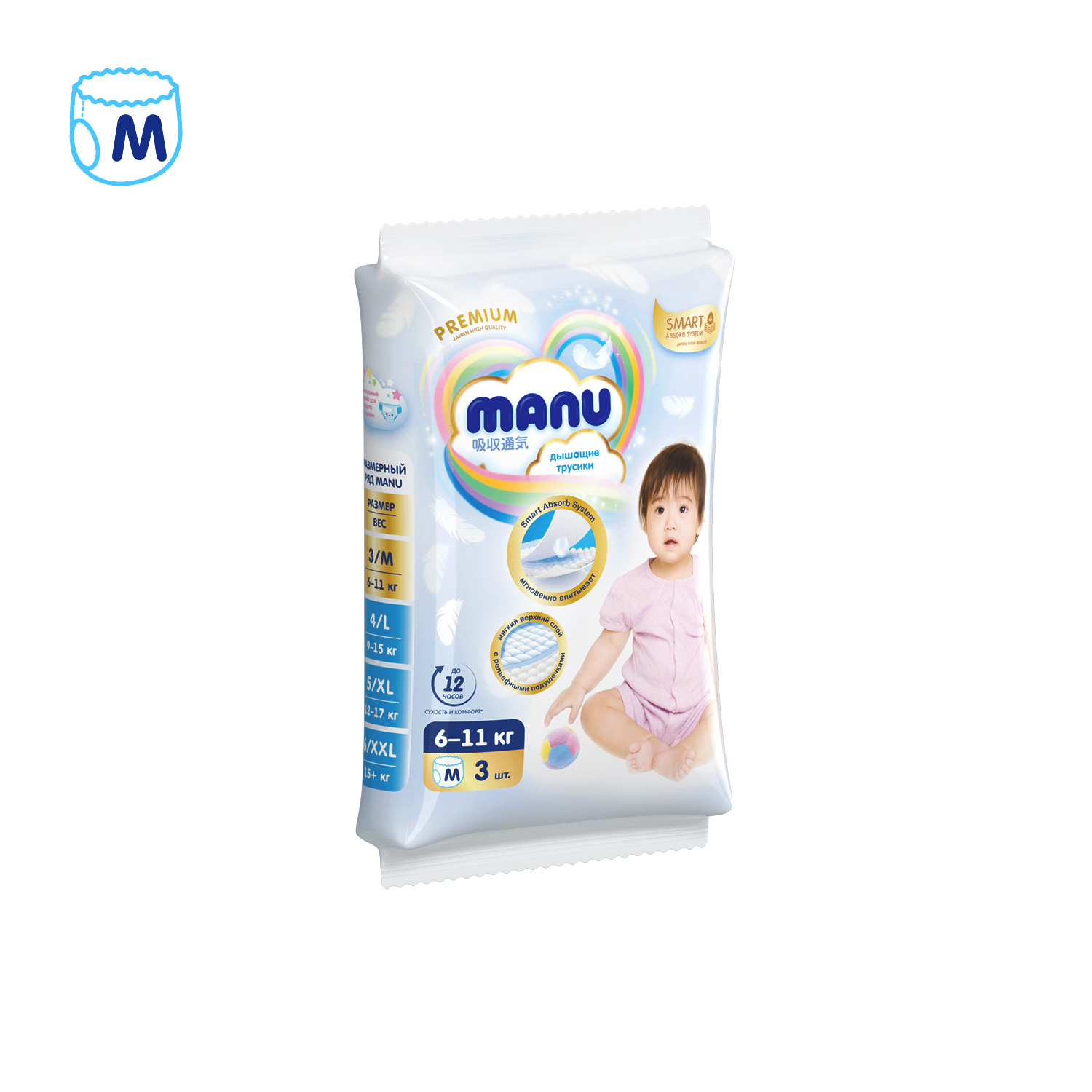 Подгузники-трусики Manu Premium M 6-11кг 3шт - фото 17