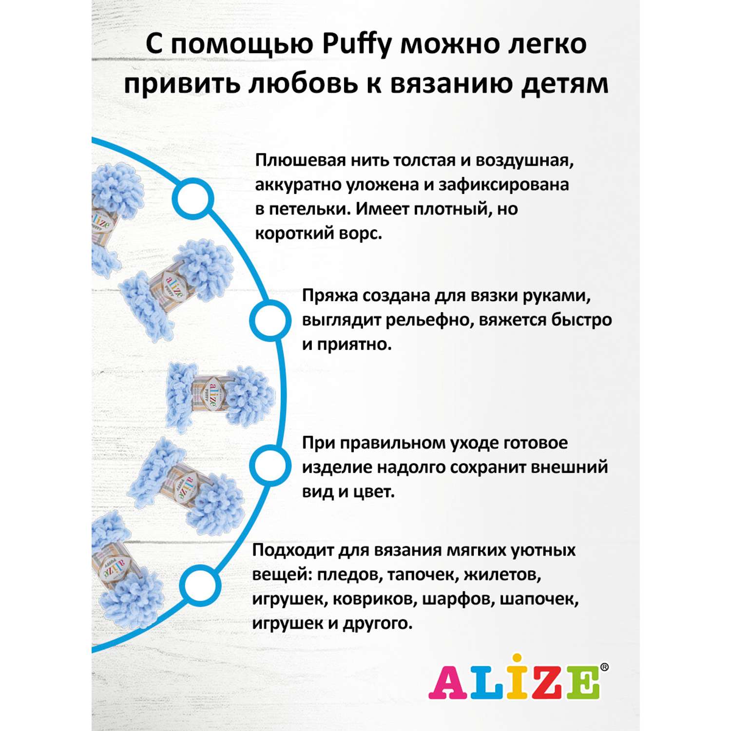 Пряжа для вязания Alize puffy 100 г 9 м микрополиэстер фантазийная плюшевая 183 св.-голубой 5 мотков - фото 3
