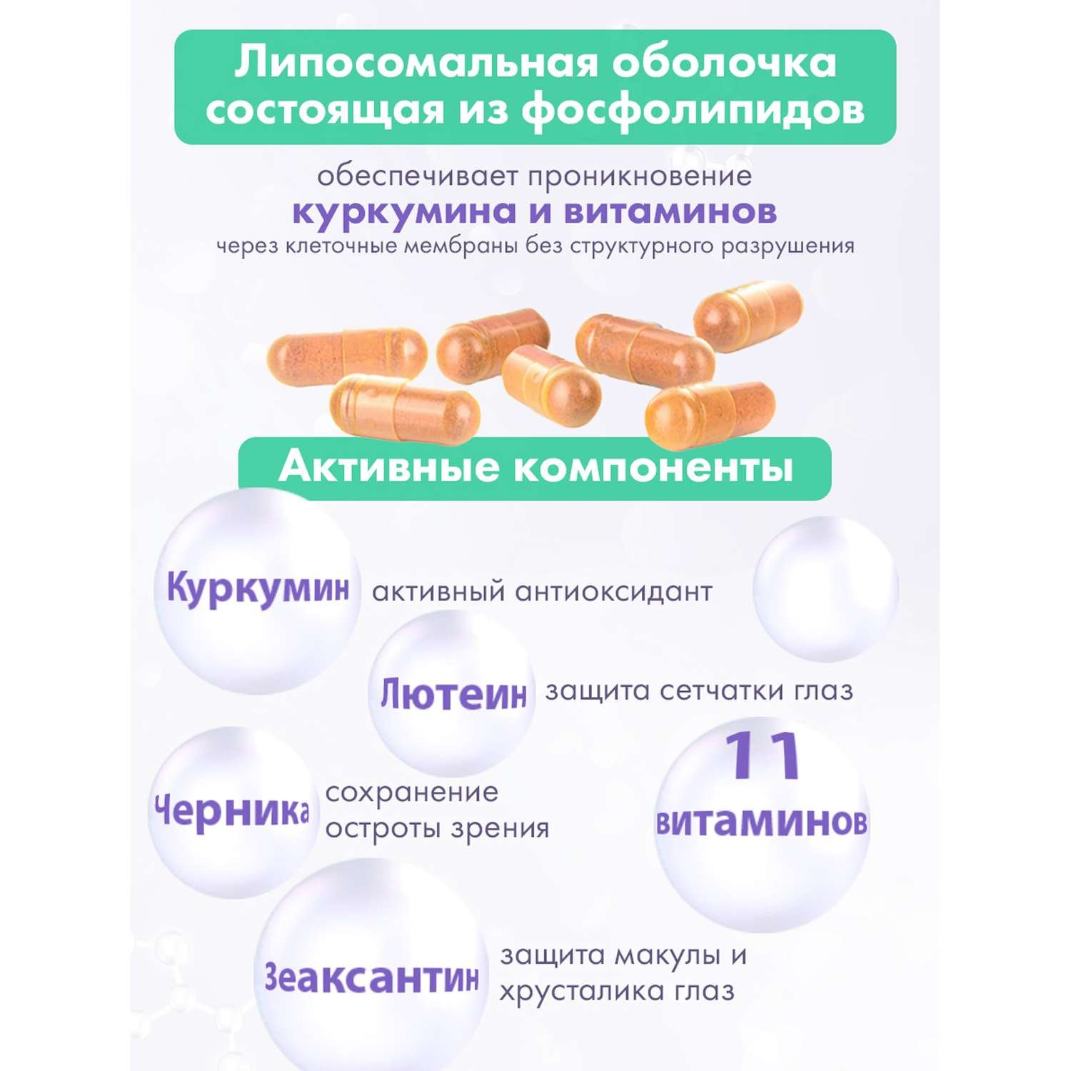 Концетраты пищевые Алтайские традиции Липосомальный куркумин Витамины для зрения веган 60 капсул - фото 3