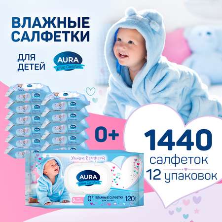 Влажные салфетки AURA для детей с экстрактом алоэ и витамином Е с крышкой 120х12шт