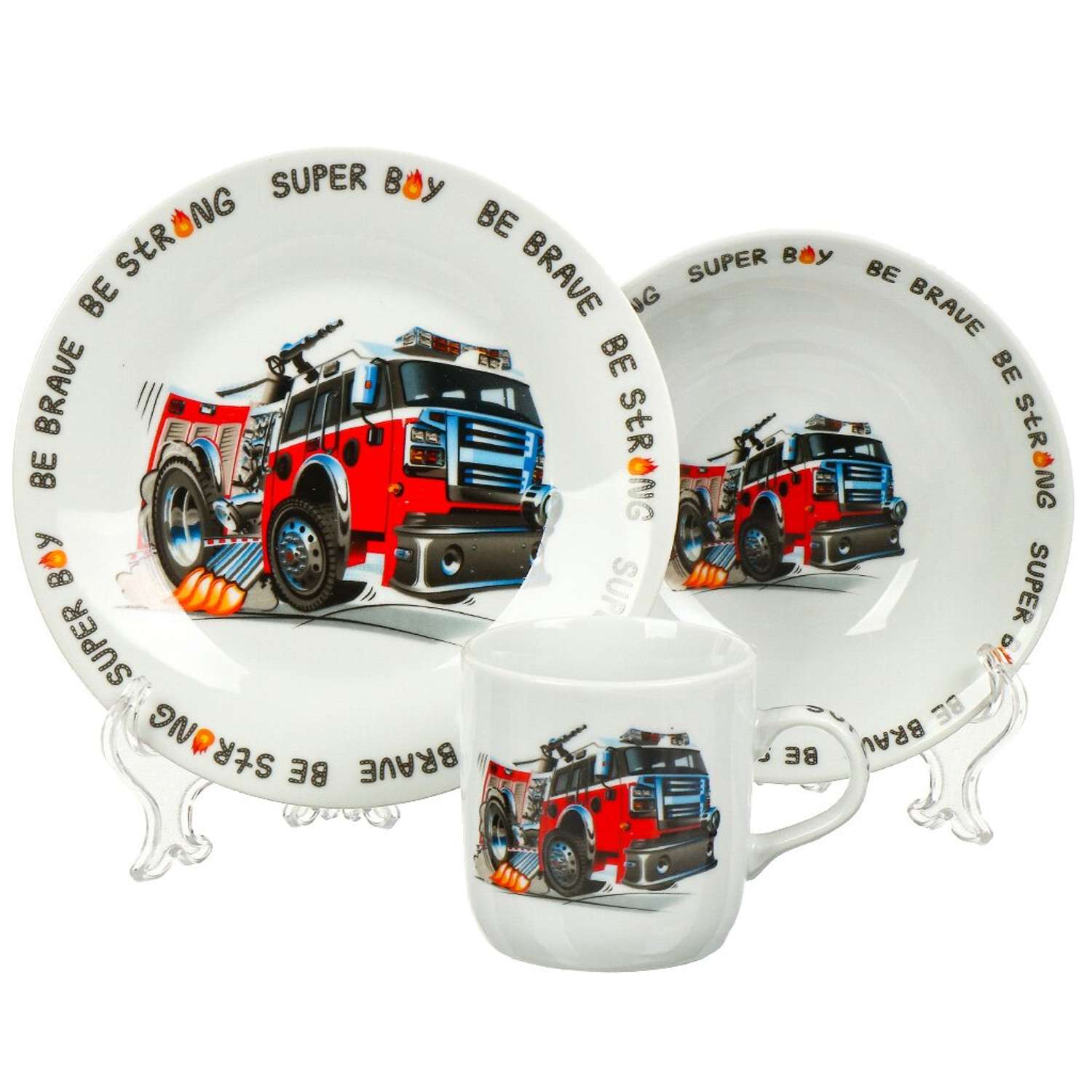 Набор детской посуды Daniks декорированный Пожарная машина 3 предмета керамика - фото 1