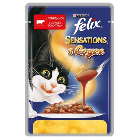 Корм влажный для кошек Felix Sensations 85г в соусе c говядиной и томатами пауч