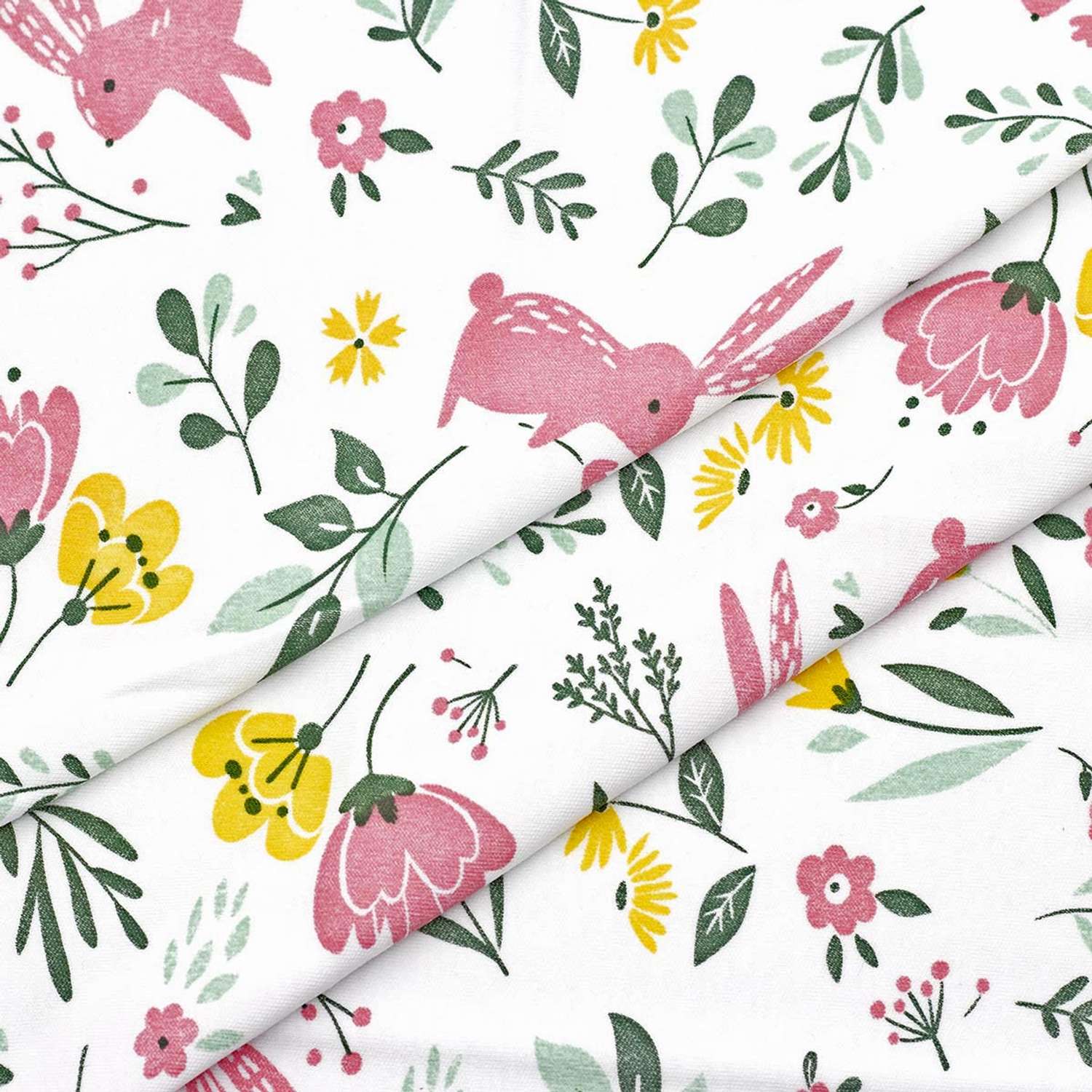 Ткань Совушка трикотаж интерлок с рисунком зайчики хлопок для творчества 45х50 см бело-розовый - фото 1