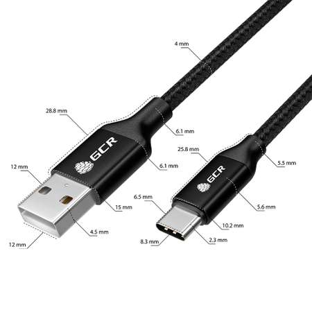Кабель USB GCR 0.5m TypeC быстрая зарядка в черной нейлоновой оплетке GCR-52510