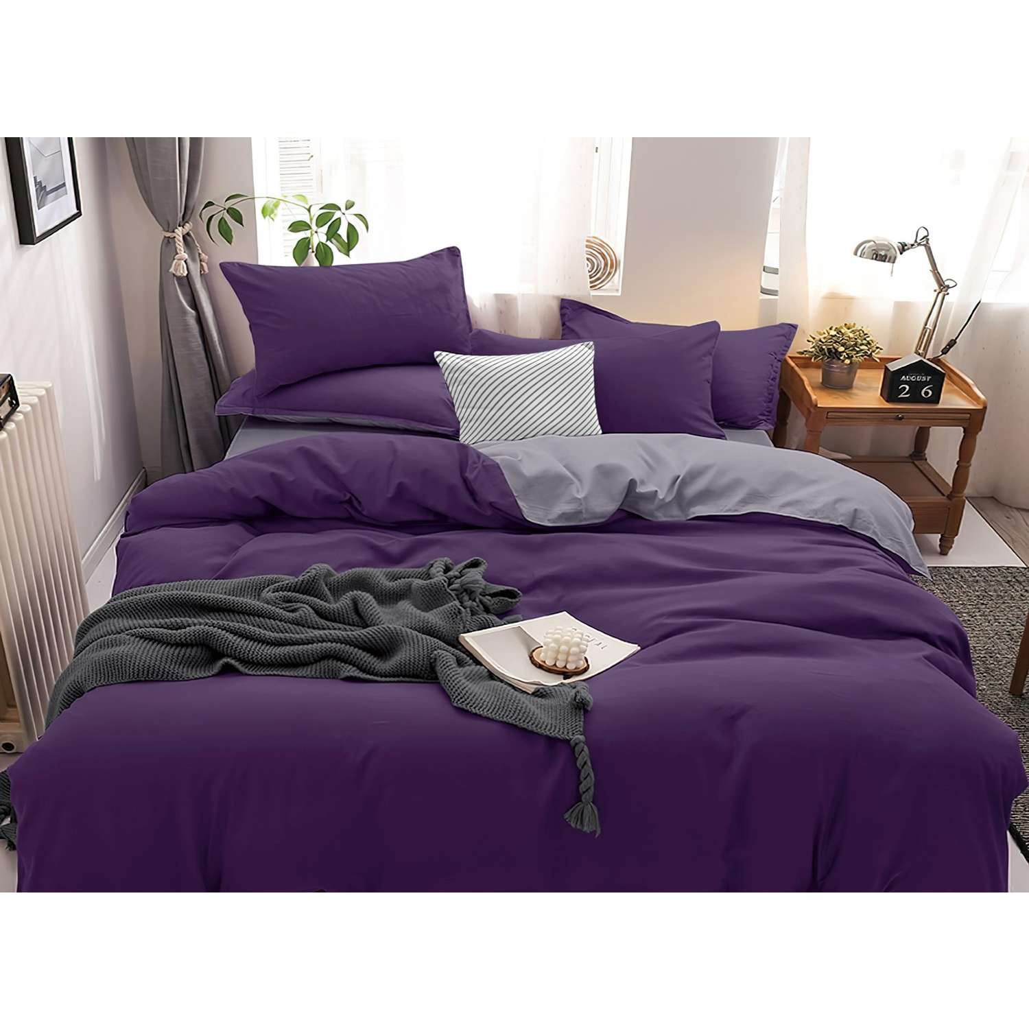 Комплект постельного белья PAVLine Манетти полисатин 2-спальный темно-фиолетовый/серый S11 - фото 3