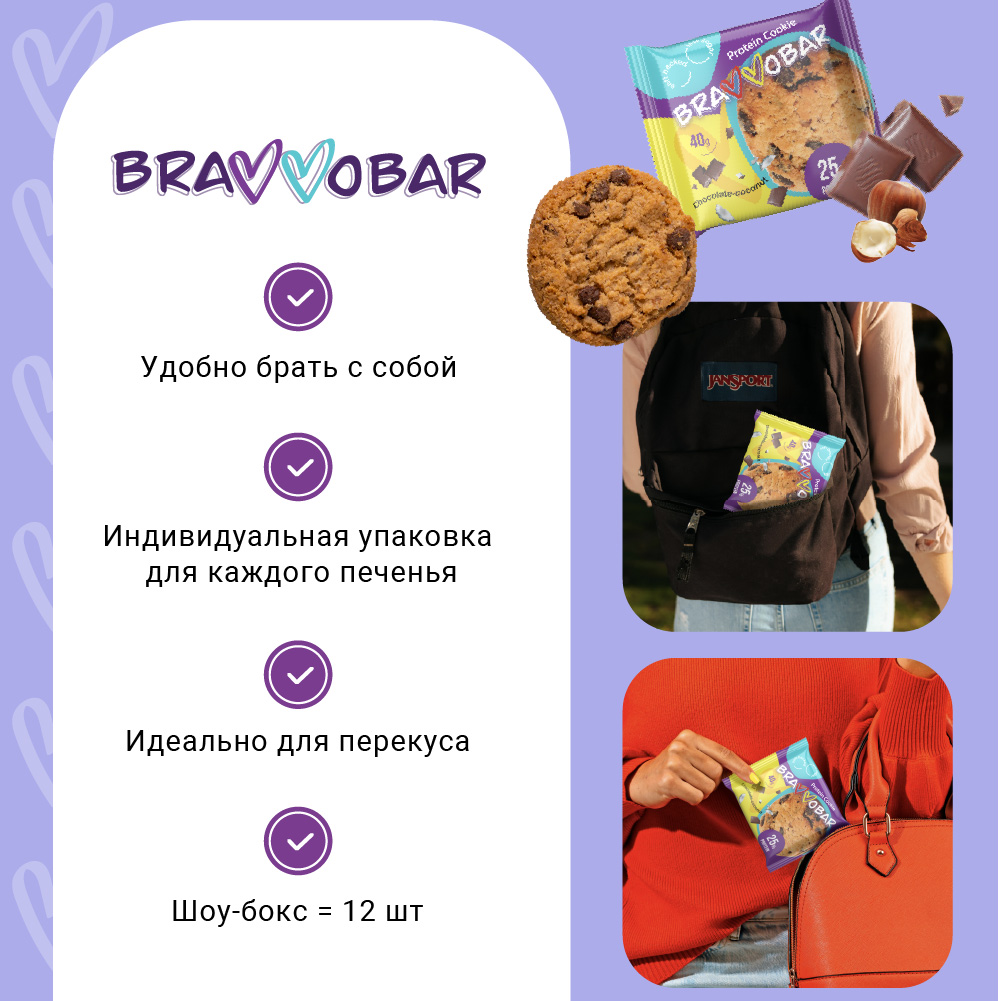 Печенье протеиновое BRAVVOBAR шоколадно-кокосовый вкус 12 x 40 г - фото 3