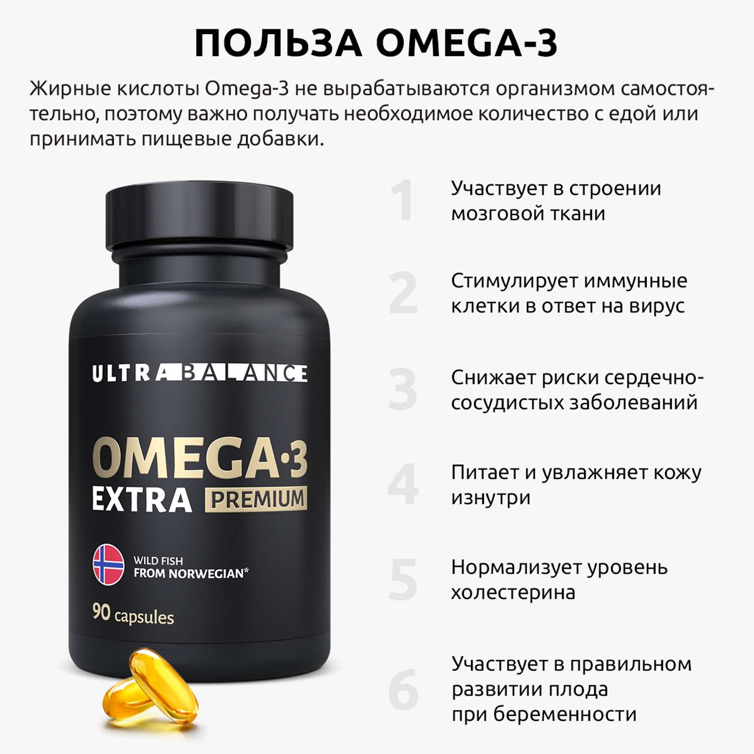 Омега 3 экстра премиум бад UltraBalance витамины комплекс для взрослых мужчин беременных кормящих женщин рыбий жир 90 капсул - фото 2