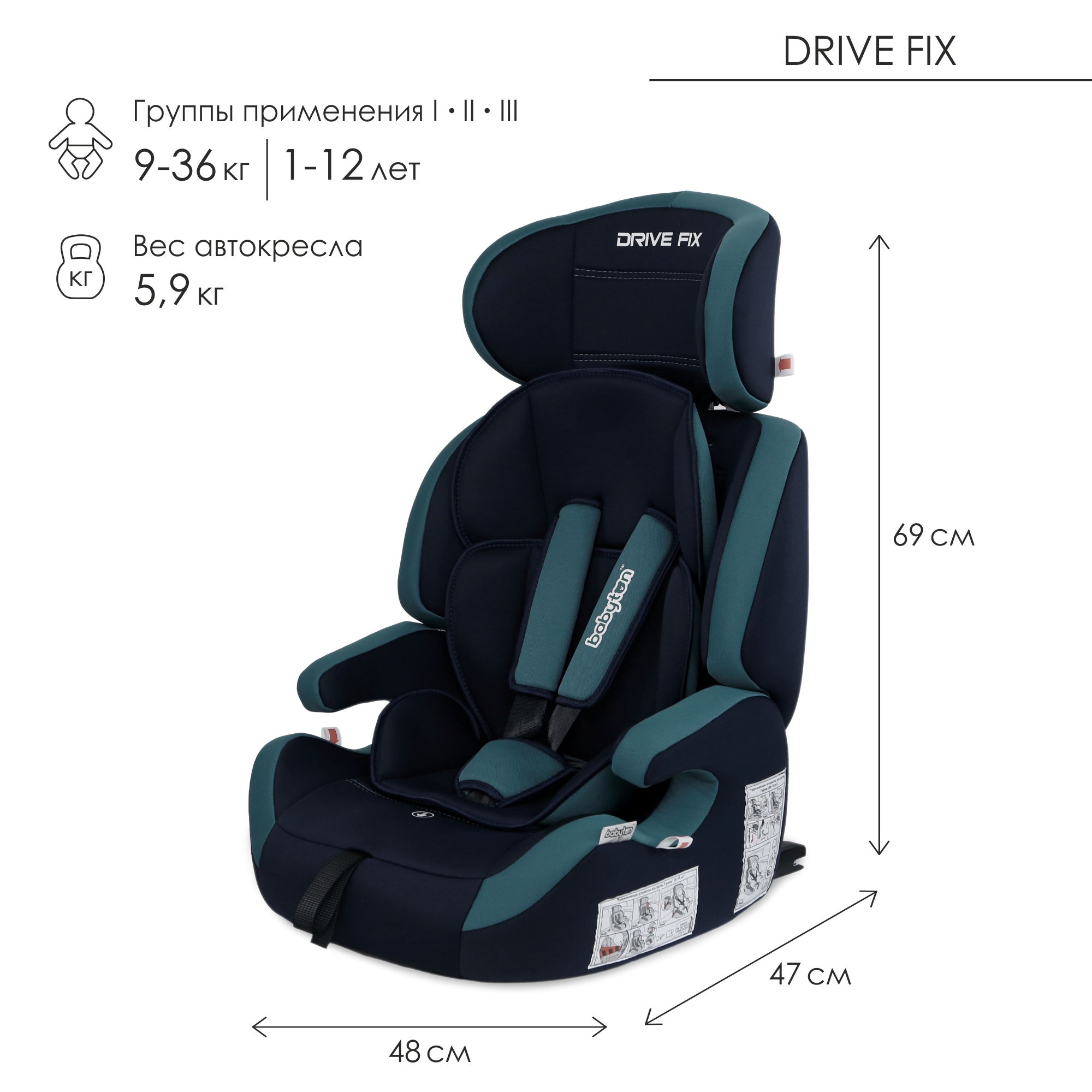 Автокресло Babyton Drive Fix Indigo-Aqua Isofix 1/2/3 (9-36 кг) - фото 3