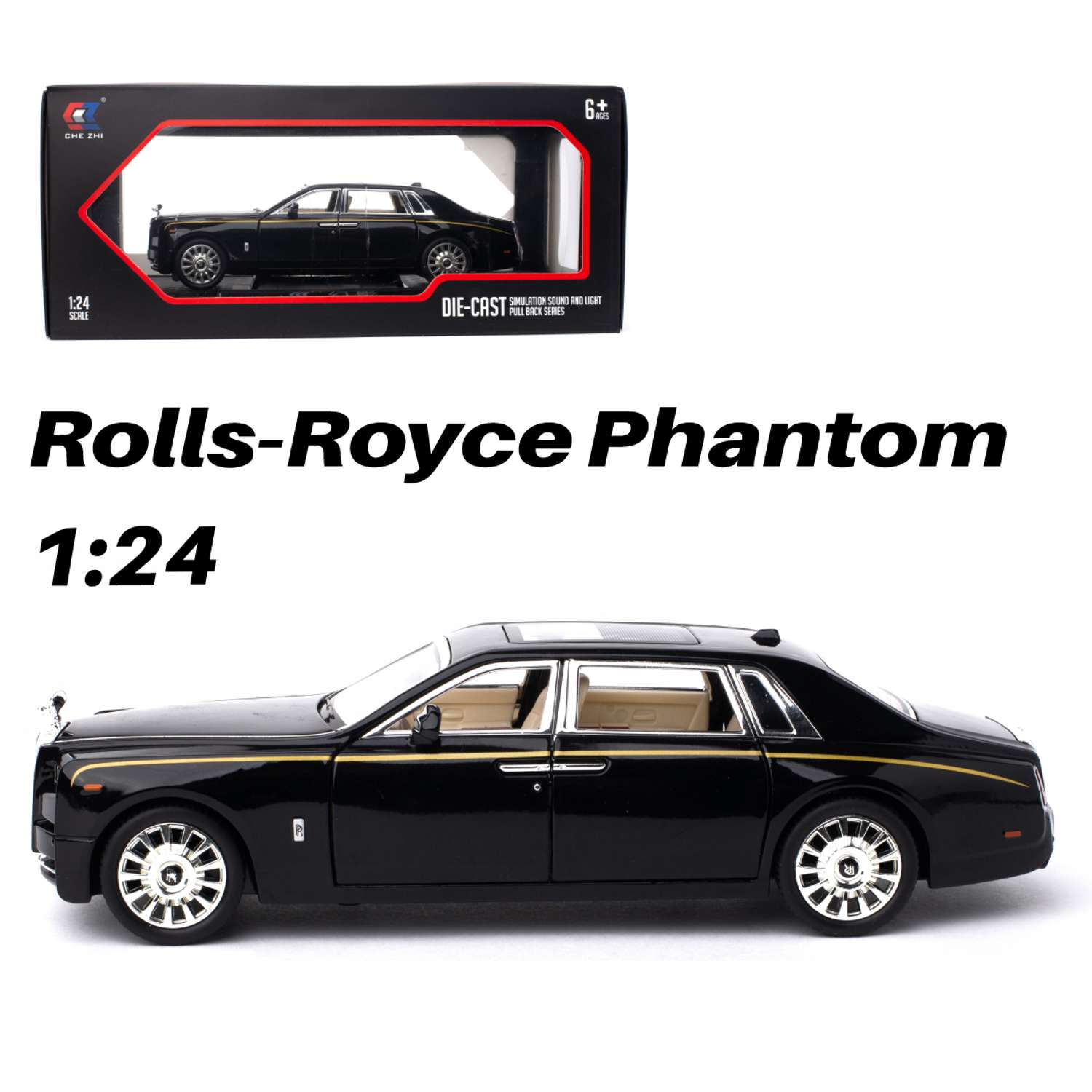 Машинка игрушка железная 1:24 Che Zhi Rolls-Royce Phantom CZ116Bblk - фото 1