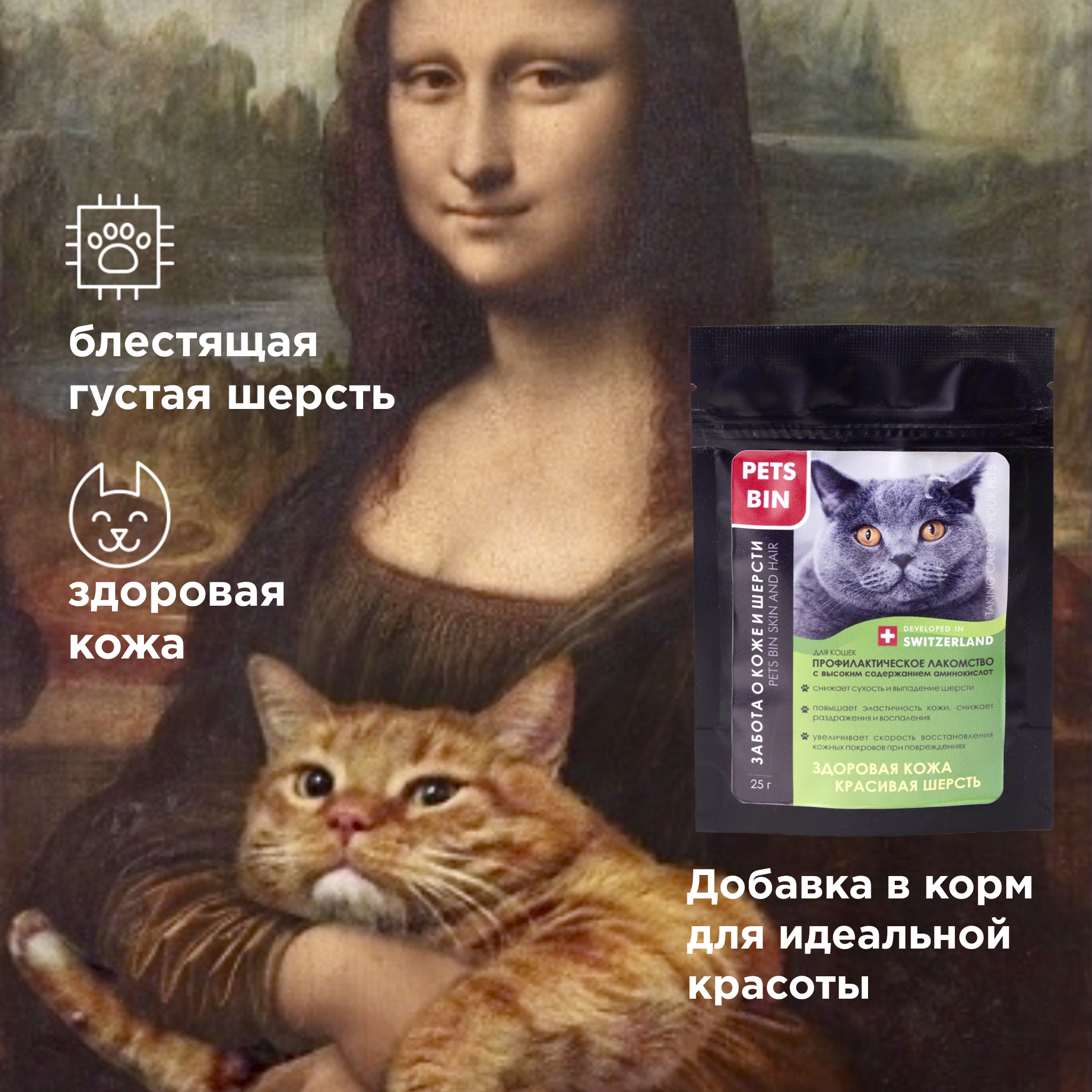 Лакомство для кошек PETS BIN Skin and Hair для кожи и шерсти с коллагеном 1 2 и 3 типа 25 г - фото 2