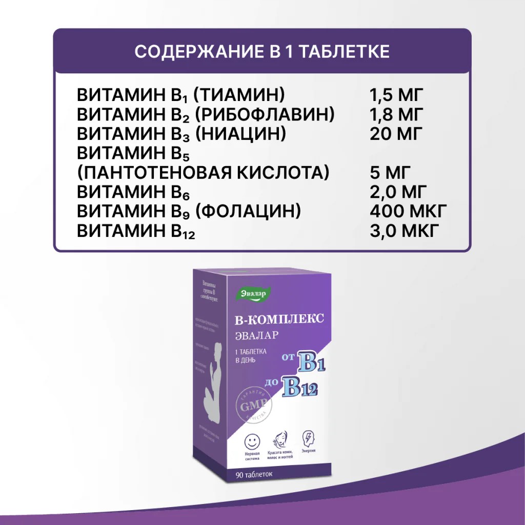 БАД Эвалар В-комплекс от В1 до В12 90 таблеток - фото 7