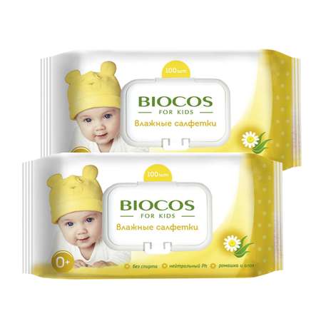 Салфетки влажные Biocos для детей с клапаном 2*100шт