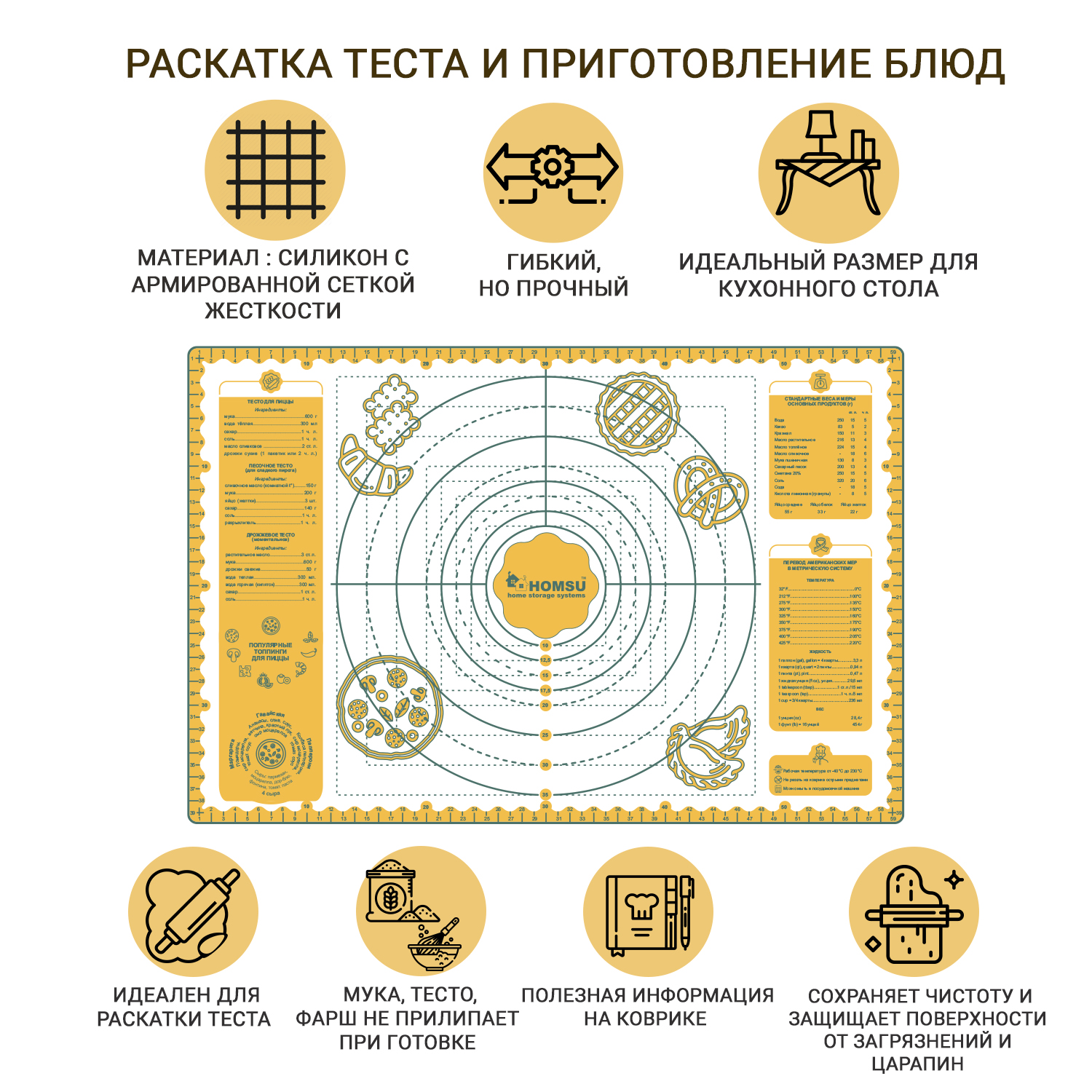 Силиконовый коврик Homsu для раскатки теста и выпекания в духовке с рецептами - фото 4